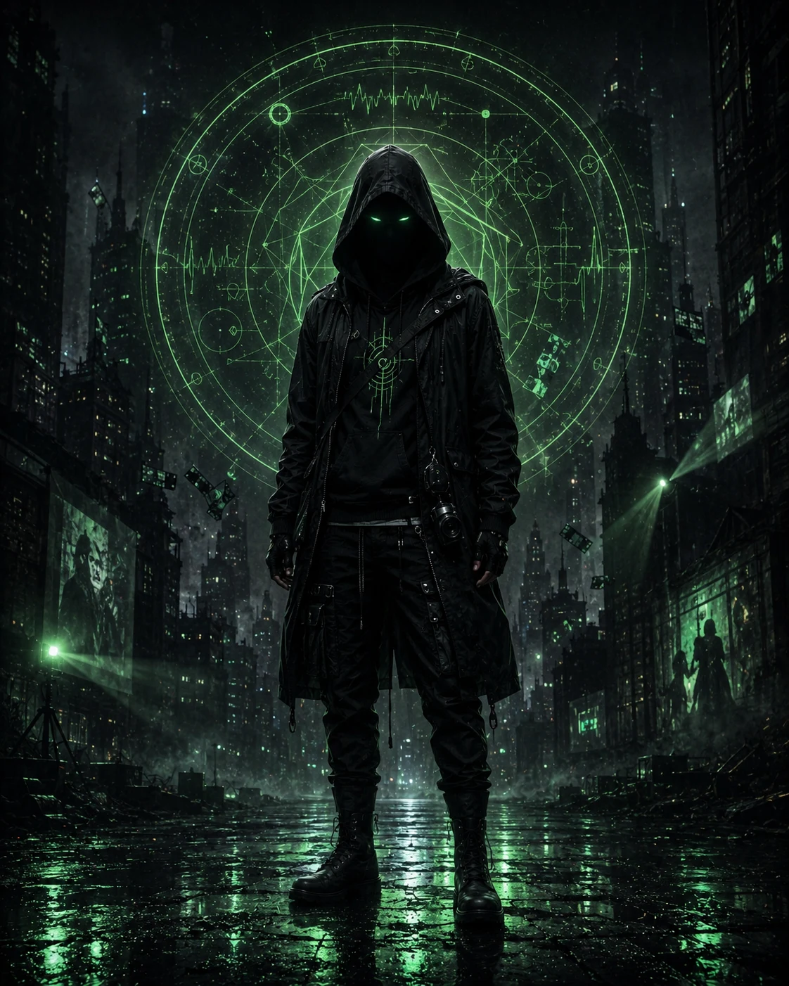 Morpheus Cipher, a hooded figure with glowing green eyes, standing in a rain-soaked futuristic city before a luminous cipher diagram
